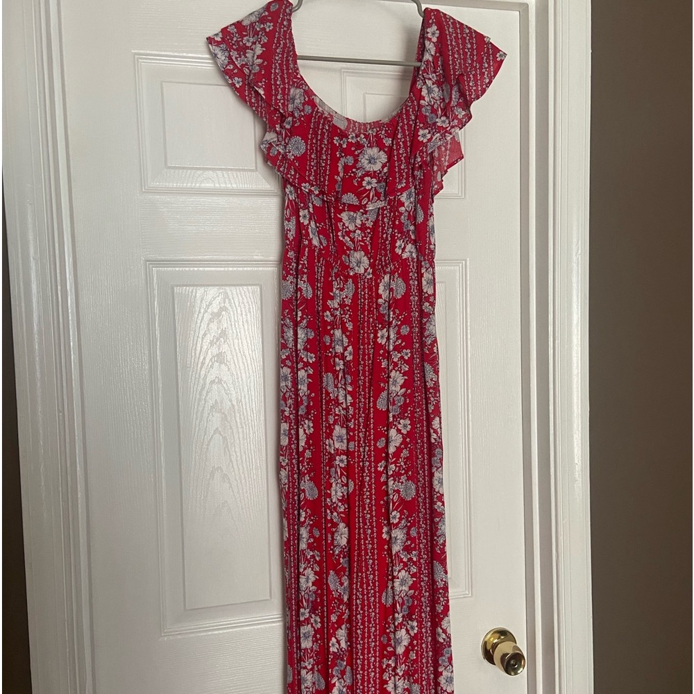 off the shoulder red and white maxi dress